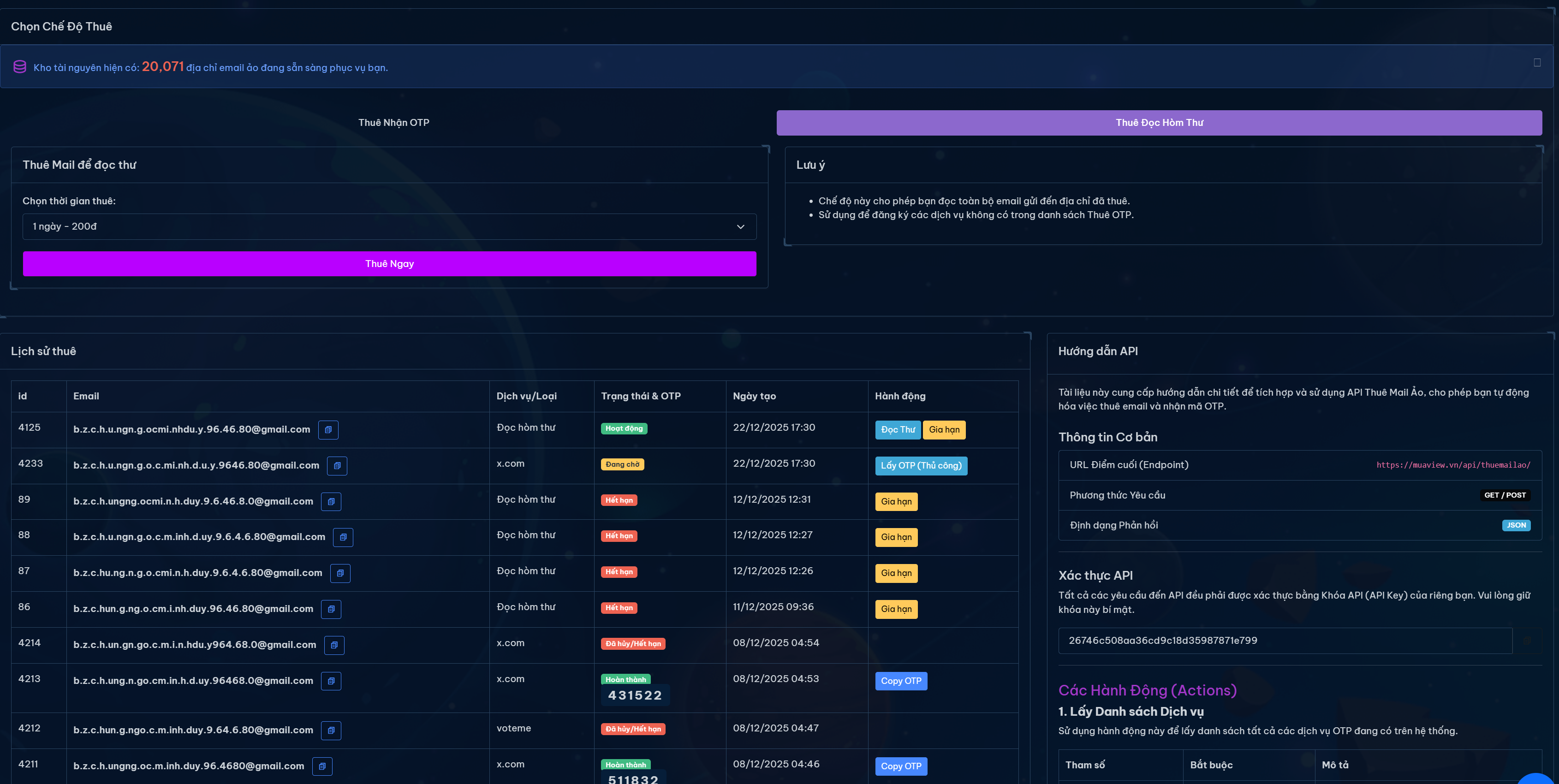 Dịch Vụ Cho Thuê Email @gmail.com Nhận OTP và Đọc Thư Tự Động