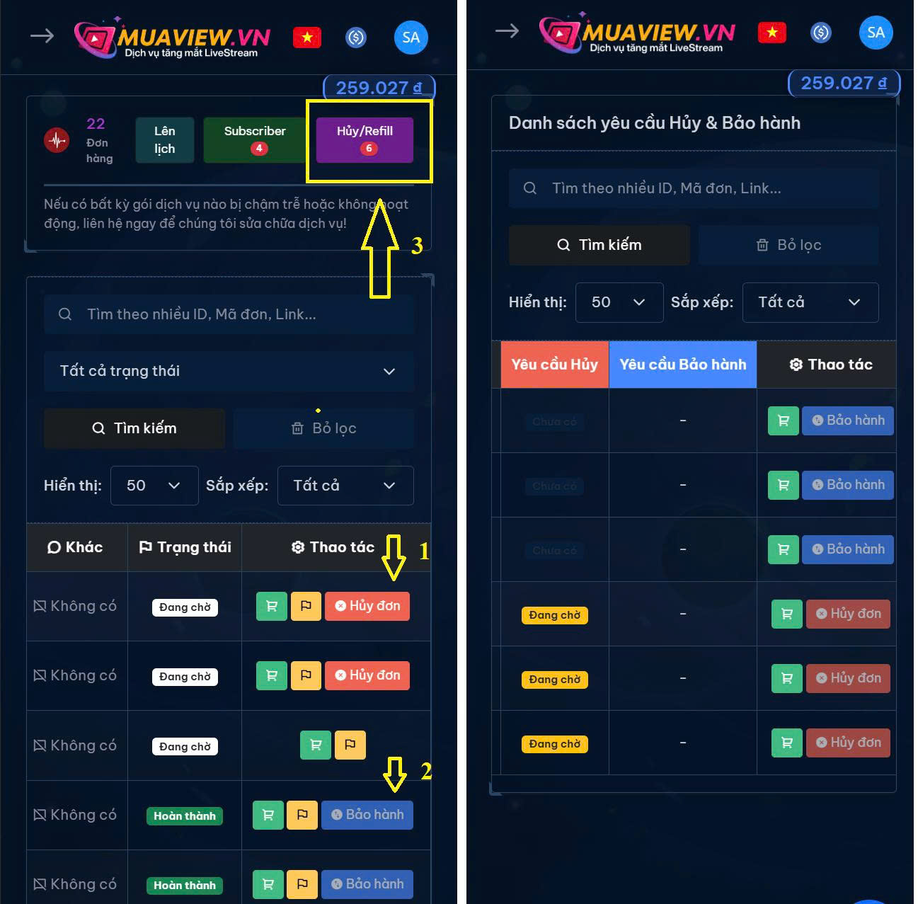 Hướng Dẫn Hủy Đơn và Bảo Hành Tự Động Tại Muaview.vn