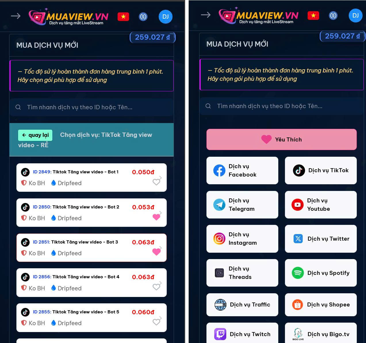 Hướng Dẫn Tính Năng Yêu Thích - Chọn Nhanh Dịch Vụ | Muaview.vn